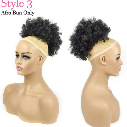 Afro Puff Drawstring Ponytail with Bangs Pineapple Updo Hair for African American Women,Short Kinky Curly Ponytail Bun with 2 Replaceable Bangs(#1B-Black)