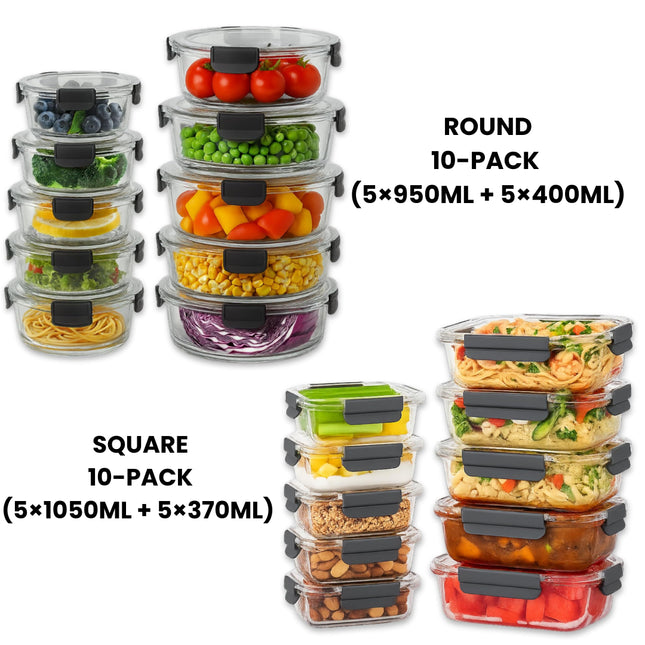Glass Food Storage Containers with Lids - 10 PACK - Glass Meal Prep Containers