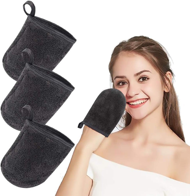 Makeup Remover Mitten Microfibre Face Cloth Reusable Soft Facial Cleansing Gloves for All Skin Types 13Cm X 10Cm 3 Pack Darkgrey