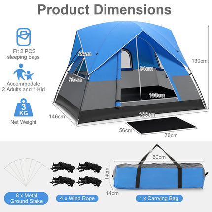 3-Person Outdoor Camping Tent with Removable Floor Mat