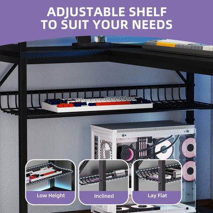 L-Shaped Gaming Desk - Carbon Fibre Black 106Cm Corner Desk with Power Outlets, LED Lights & Storage Shelves