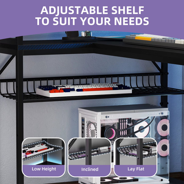 L-Shaped Gaming Desk - Carbon Fibre Black 106Cm Corner Desk with Power Outlets, LED Lights & Storage Shelves