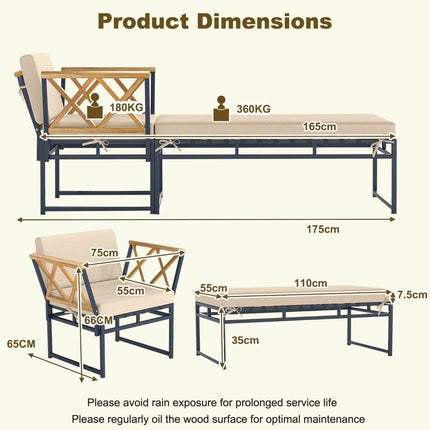 2 Pieces Patio Furniture Set with Cushion and Acacia Wood Armrests