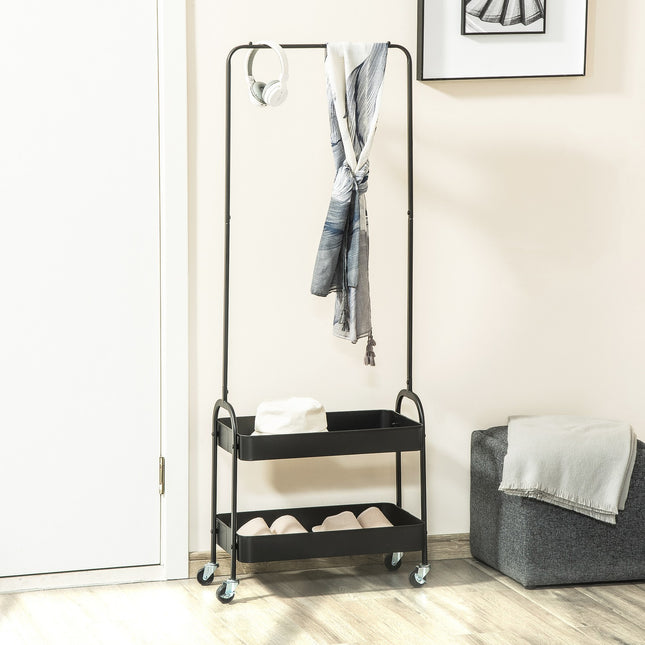 Metal Coat Rack with Shoe Storge, Clothes Hanging Stand with 2 Shelves, Black