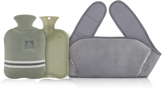 3 in 1 Hot Water Bottle with Knitted Cover, Rubber Hot Water Bag with Soft Plush Waist Belt, Hot Water Pouch for Period, Neck, Shoulder, Back, Legs, Waist Warm