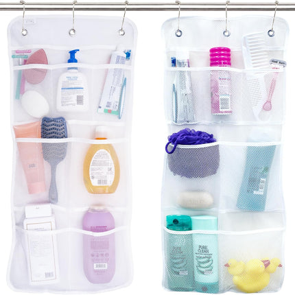 Shower Organizer with Quick Drying Mesh, Bathroom Caddy Organizer with 7 Pockets to Hold Toiletries, Shampoos, Soaps, and Loofahs, 14 Inch by 30 Inch, White, 2 Pack
