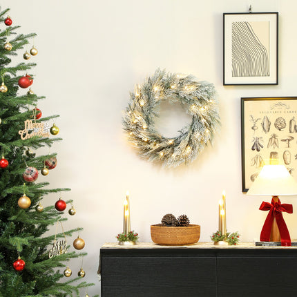 HOMCOM 60 Cm Prelit Christmas Wreath, Flocked Front Door Wreath with Timer