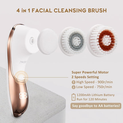 Electric Face Brush Scrubber Rechargeable Facial Exfoliator IPX-7 Waterproof Spin Cleanser Rotating Spa Machine for Exfoliating, Massaging and Deep Cleansing with 4 Brush Heads