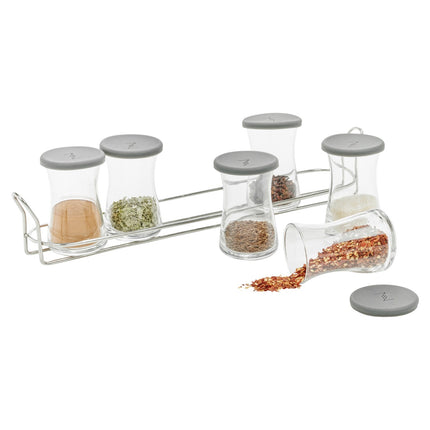 Pasabahce 6 Airtight Silicone Lid Clear Glass Food Storage Spice Jars with Rack