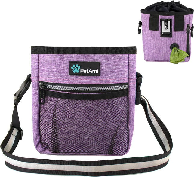 Dog Treat Pouch | Dog Training Pouch Bag with Waist Shoulder Strap, Poop Bag Dispenser | Treat Training Bag for Treats, Kibbles, Pet Toys | 3 Ways to Wear (Purple)