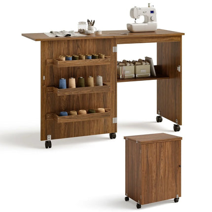 Folding Sewing Table with Storage Shelves and Lockable Casters