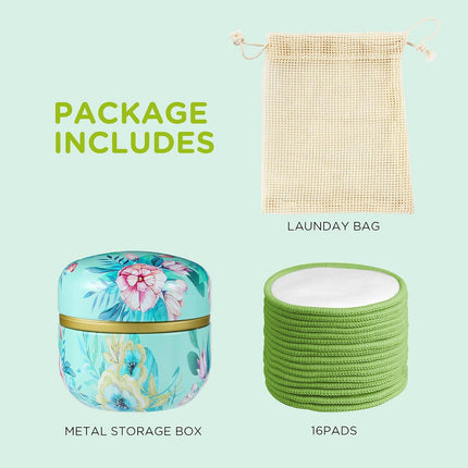 16Pcs Reusable Face Makeup Remover Pads 100% Organic Cotton Pads Cleaning Face Wipes Cloth Washable Face round Cotton with Laundry Net Bag and Fashionable Metal Box Suit for Adults and Kids