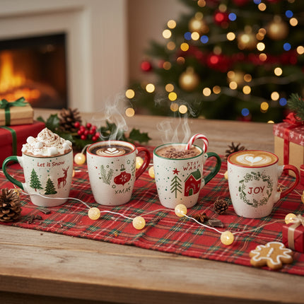 4/8 Pcs Mugs Ceramic Stoneware Festive Christmas Design Tea Coffee Gift Box Set