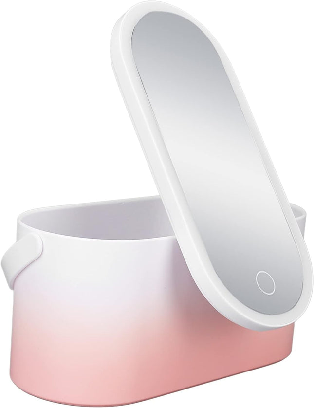 Makeup Case Pink Gradient Portable Large Capacity Foldable Rotating LED Light Makeup Storage Box with Makeup Mirror Smart Chargeable for Home Travel Use