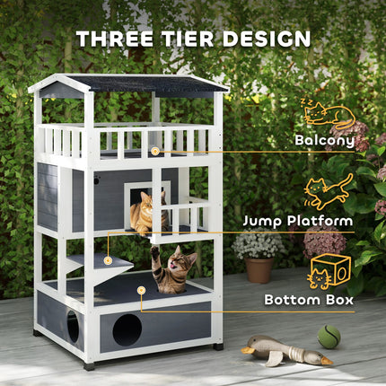 Pawhut Wooden Outdoor Cat House 3-Tier Kitten Shelter W/ Tilted Roof Grey
