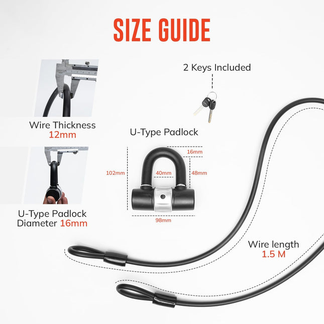 Heavy Duty Padlock with 1.5M Cable Lock - Weatherproof & Rustproof Motorcycle Lock - Ideal for Motorbike, Scooter, Shed, Gate & Garden Fence