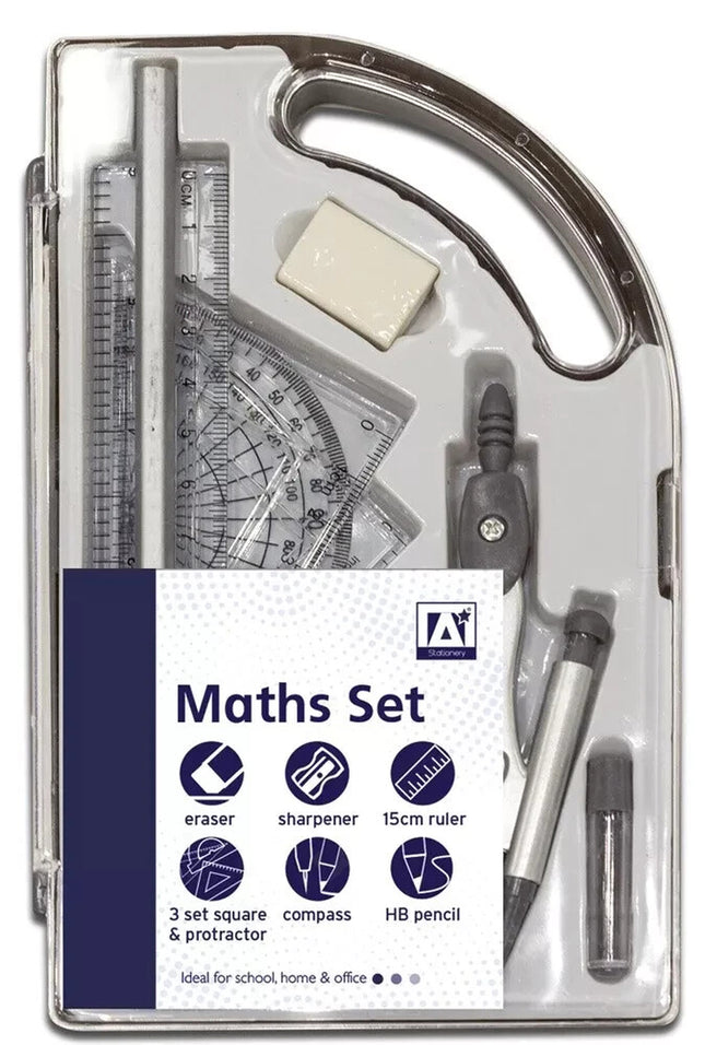 9 Piece Maths Geometry Set Back to School Exam Stationery Compass Protractor CMA