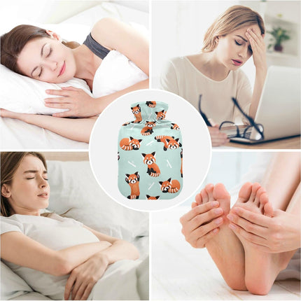 Cute Red Panda Bamboo Hot Water Bottle with Cover, 1L Winter Warm Transparent Hot Water Bag Portable Hot Water Bottles for Menstrual Cramps, Neck and Shoulder Pain Relief