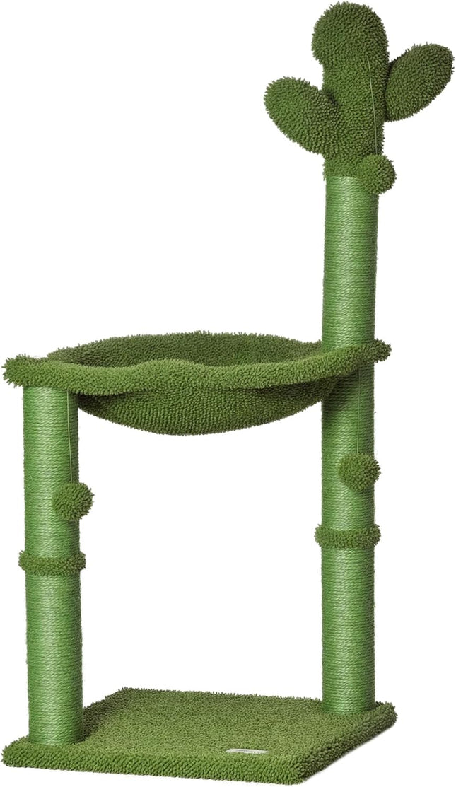 Pawhut Cactus Cat Tree Tower for Indoor Cats Sisal Scratching Post with Hammock