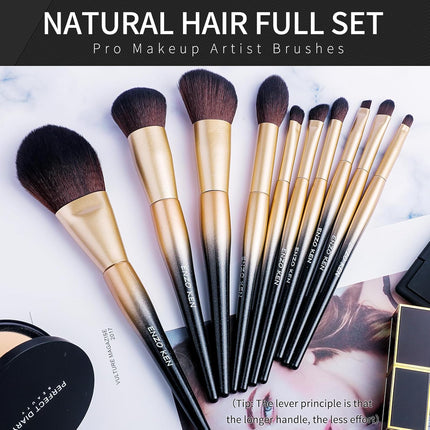 Natural Sable Hair Makeup Brush Set Professional, Cosmetic Brushes Makeup Set with Gift Box, Natural Hair Makeup Brushes Set with Present Box, Make up Brushes Set. Black Gold
