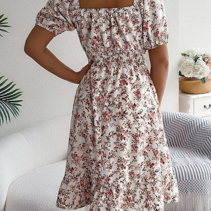 Floral Print Square Collar Dress Summer Fashion Ruffles Dresses Women'S Clothing