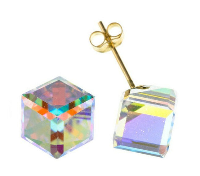 9Ct Gold Crystal Cube Earrings Yellow Gold Studs Austrian Crystal