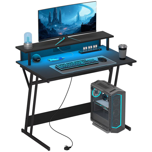 LED Gaming Desk with Power Outlets and Monitor Stand 100 X 60Cm Black