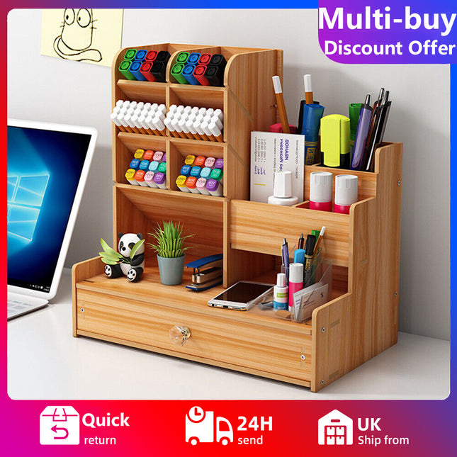 Wooden Pen Pencil Storage Holder Office Study Desk Organizer Box Tidy Shelf Case