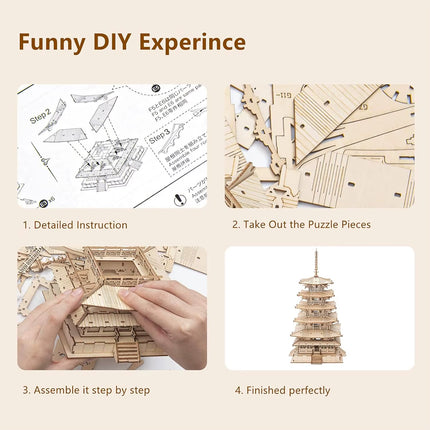 Five-Storied Pagoda 3D Puzzle Wooden Craft Kits DIY Model Building Kit Best Gift for Kids Adults