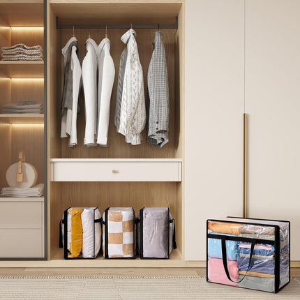 4 Pack Clear Plastic Storage Bags, 40L Foldable Clothes Storage Boxes Wardrobe Organizer Moving Bags with Reinforced Handle for Loft Wardrobe for Bedding Clothes Blanket Duvet