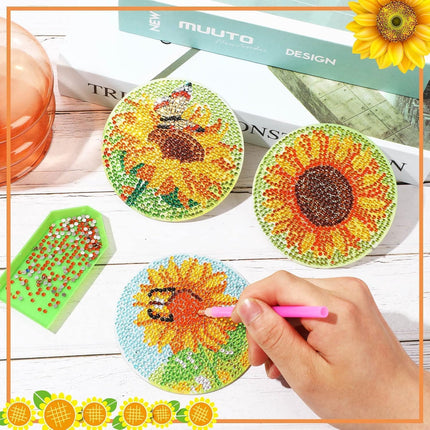 8 Pcs Sunflower Diamond Painting Coasters Kits for Drinks,Diy Diamond Art Coaster Kits for Adults Beginners with Holder,Sunflower Gem Painting Art Craft Kit for Adults.