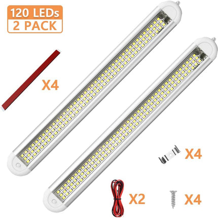 12V Interior LED Light Bar, 120 LED Universal Strip Light with ON/OFF Switch and Extension Cord, White Lamp for Van Car Auto Camper Bus Caravan Boat RV Kitchen Bathroom Cabinet (2 Pack)