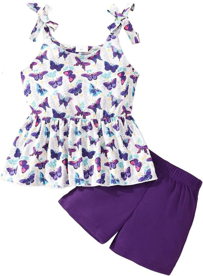 Toddler Girls Clothes Summer Short Set Outfit Tie Knot Shoulder Sleeveless Ruffle Tops and Shorts 2PC Clothing Set