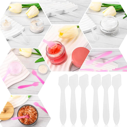50Pcs Mini Disposable Makeup Spatulas for Face Mask Facial Cream, 50 Pack Plastic Tip Mini Cosmetic Spoon Tool for Skincare Mixing, Sampling, Waxing DIY Facial Mask Stick, Clear Pink Purple