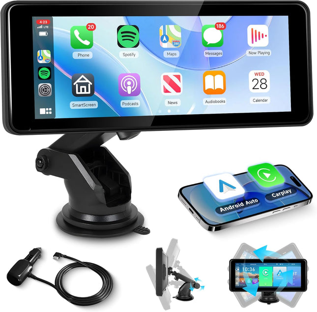 Portable Car Radio Wireless Carplay Android Auto Screen,  6.86 Inch Touchscreen Carplay Screen Bluetooth FM Transmitter Airplay Mirror Link Voice Control Mic/Aux for All Vehicles