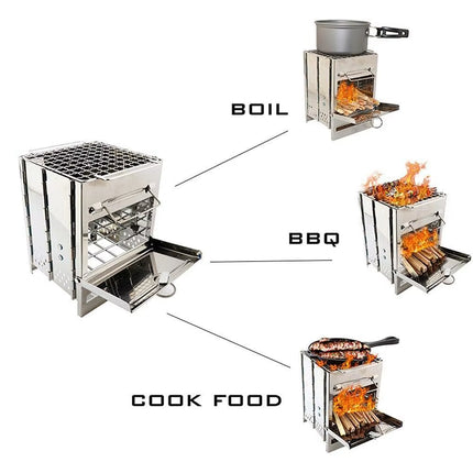 Camping Wood Burning Stove with Grill Collapsible Backpacking Survival Rocket Stove Stainless Steel Campfire Stove