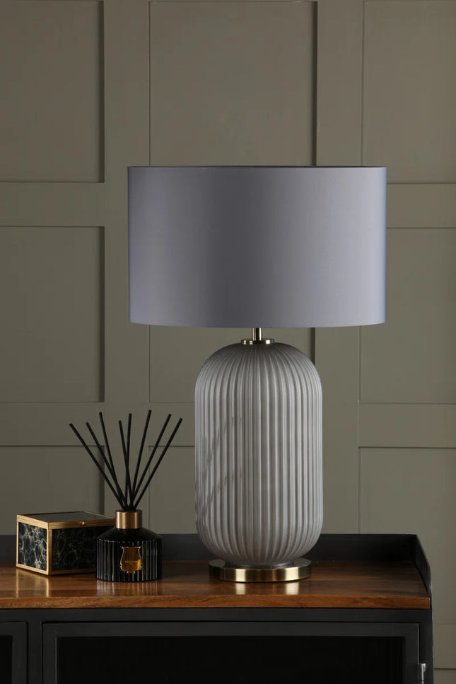 Helicon Table Lamp Grey Ribbed Glass and Antique Brass with Shade