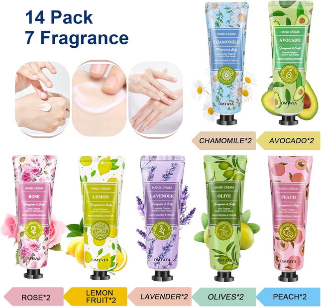 14 Pack Hand Cream Gift Set, Floral Assorted Mini Hand Foot Cream, Christmas Gifts Day Night Cream Moisturizer for Winter Rough Dry Hands, Body Cream Gift Set for Birthday Mothers Day Gifts (420Ml)