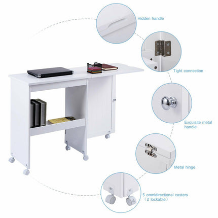 Folding Sewing Table with Storage Shelves and Lockable Casters