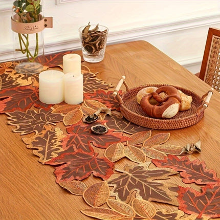 Table Runner Fall Maple Leaf Design in Red Orange Yellow, Brown, Non-Polyester