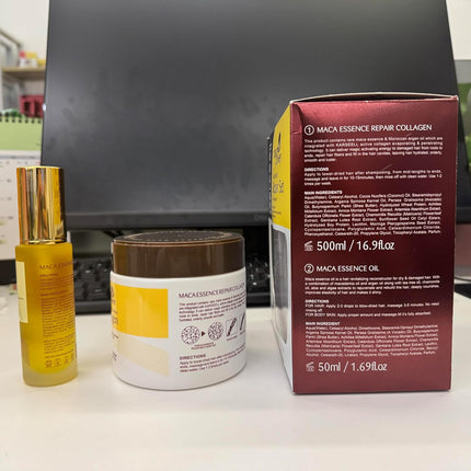 Collagen Maca Essence Repair Set, Collagen Hair Mask 500Ml & Maca Essence Hair Oil 50Ml, Argan Oil Hair Treatment for Dry Damaged Hair All Hair Types