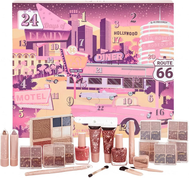 Q-Ki 24 Days Hollywood Beauty Makeup Advent Calendar 2025 & Xmas Cards Christmas Gifts Sets for Girls Teenagers, Girlfriend Gifts Advent Calendar Makeup, Self Care Gifts for Women