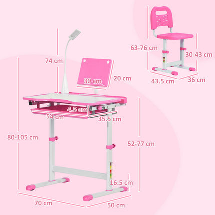 HOMCOM Kids Study Desk and Chair Set W/ USB Lamp, Adjustable Height, Pink