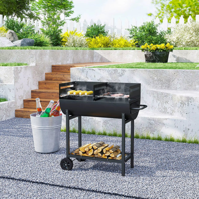 Trolley Portable Outdoor Charcoal BBQ Grill Cart 2 Rolling Wheels Black