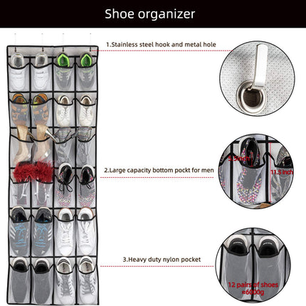 Over the Door Shoe Organizer, Hanging Shoe Organizer with 24 Mesh Large Pockets Door Shoe Rack Organizer for Men Women Kids Hanging Shoe Storage Bag.(White)
