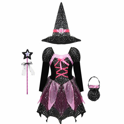 Girls Halloween Witches Hat Fancy Dress Costume Witch Outfit Kids World Book Day