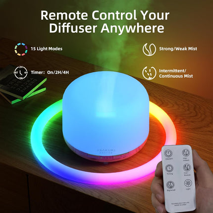 500Ml Essential Oil Diffuser, 5 in 1 Ultrasonic Aroma Scented Oil Diffuser Vaporizer Humidifier, Ｑuiet Diffuser with Timer Settings, Waterless Auto-Off & 7 LED Light Colours