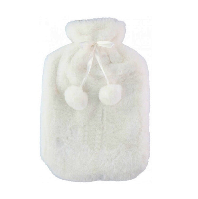Large 2L Rubber Hot Water Bottle with Warm Faux Fur Fluffy Plush Pom Pom Cover