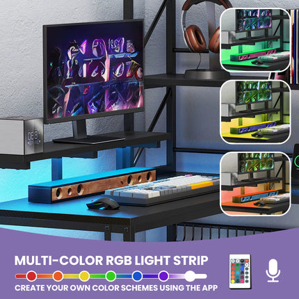 L-Shaped Gaming Desk - Carbon Fibre Black 106Cm Corner Desk with Power Outlets, LED Lights & Storage Shelves