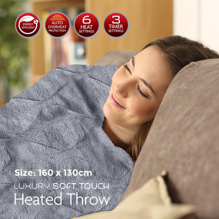 Electric Heated Blanket | Luxury Soft Touch Blanket | Warm Soft over Throw Plush Fleece Rug with Digital Timer Controller Super Comfy | Heated Throw 160Cm X 130Cm | Grey